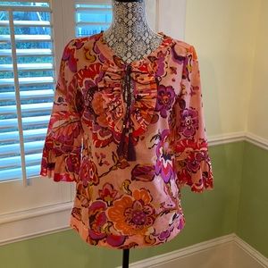 Tory Burch Cotton Voile Tunic Pink Orange Floral Drawstring Ruffle Collar Size 4
